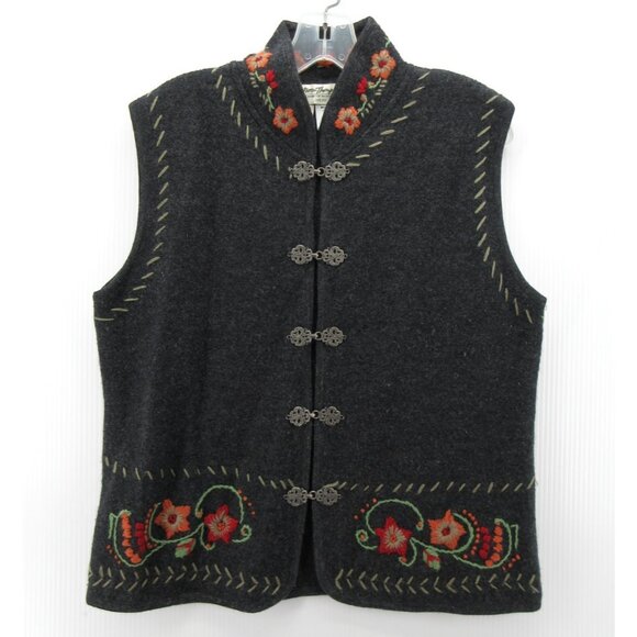 Norm Thompson Sweater Medium Wool Vest Cardigan Embroidered Toggle - Picture 1 of 10